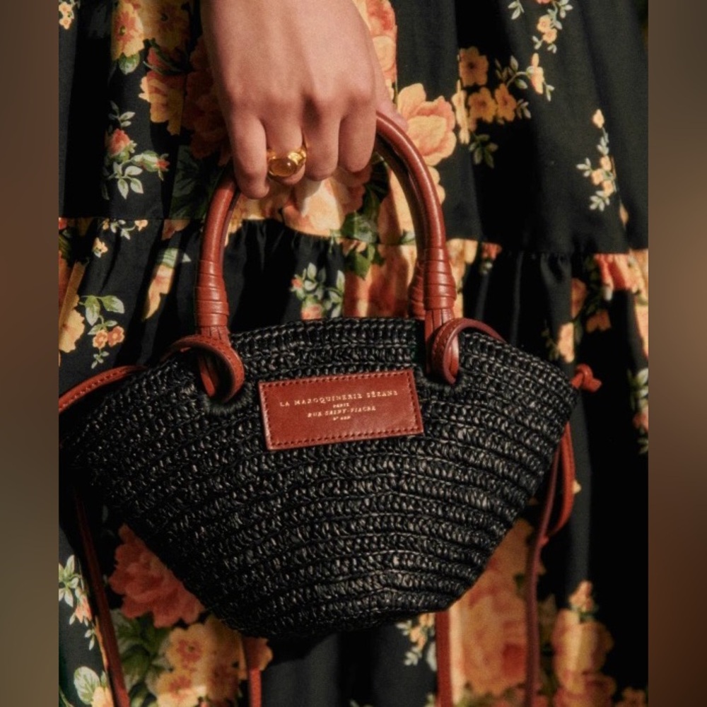 Sezane Black Raffia Justine Mini Basket Bag- NWT